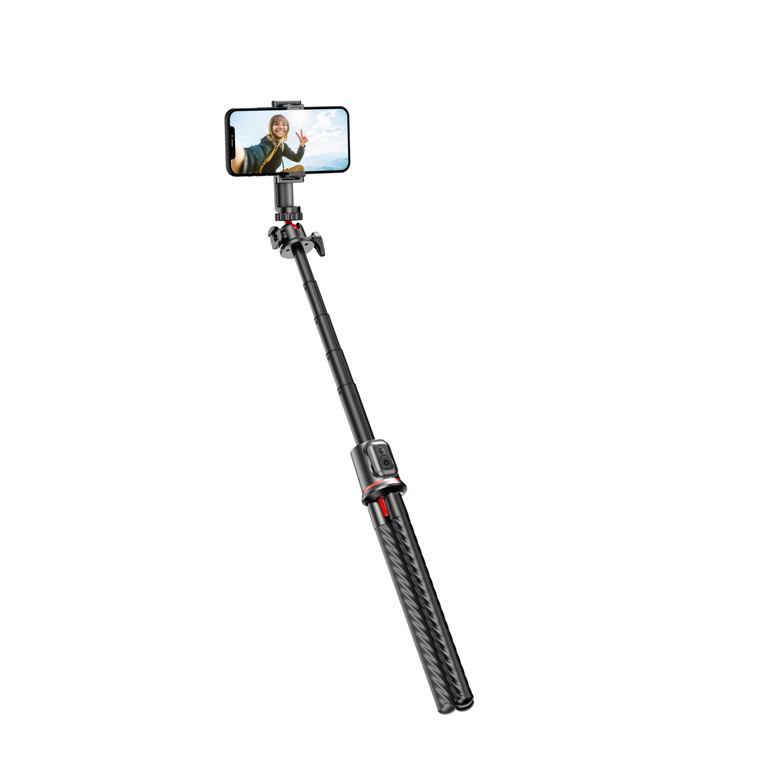 A selfie stick with a phone attached, held against a black background. The phone shows a smiling person.