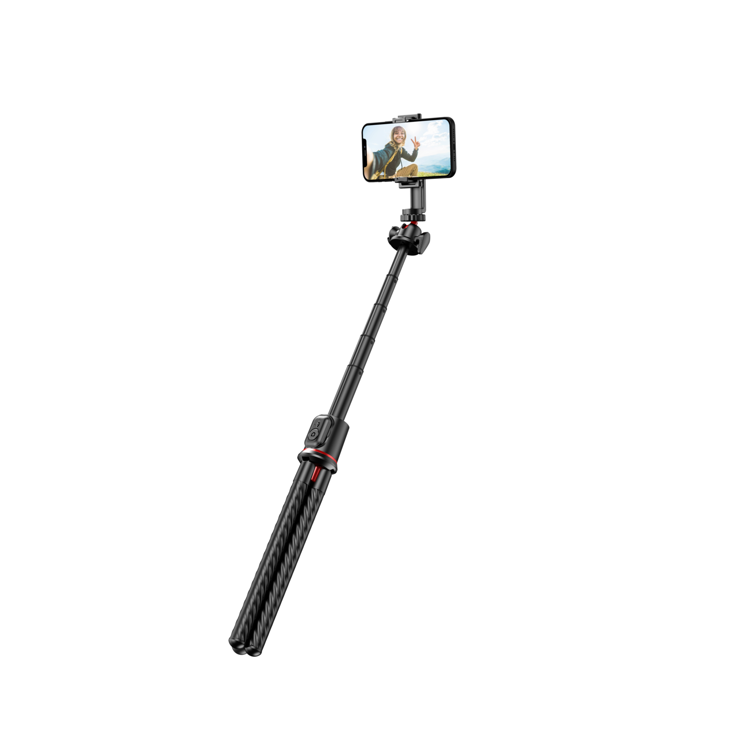 A selfie stick is extended, holding a phone displaying a person on a beach.