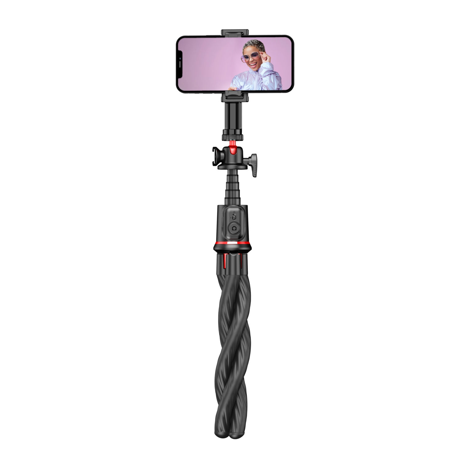 A flexible tripod with a smartphone attached, with a person on the phone screen.