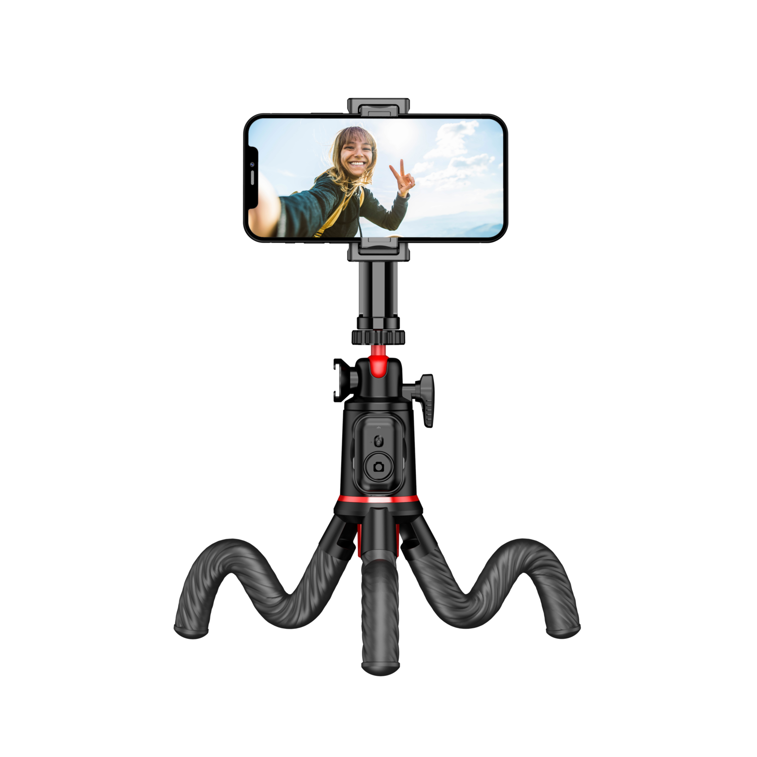 A smartphone on a flexible tripod, displaying a selfie of a woman making a peace sign.