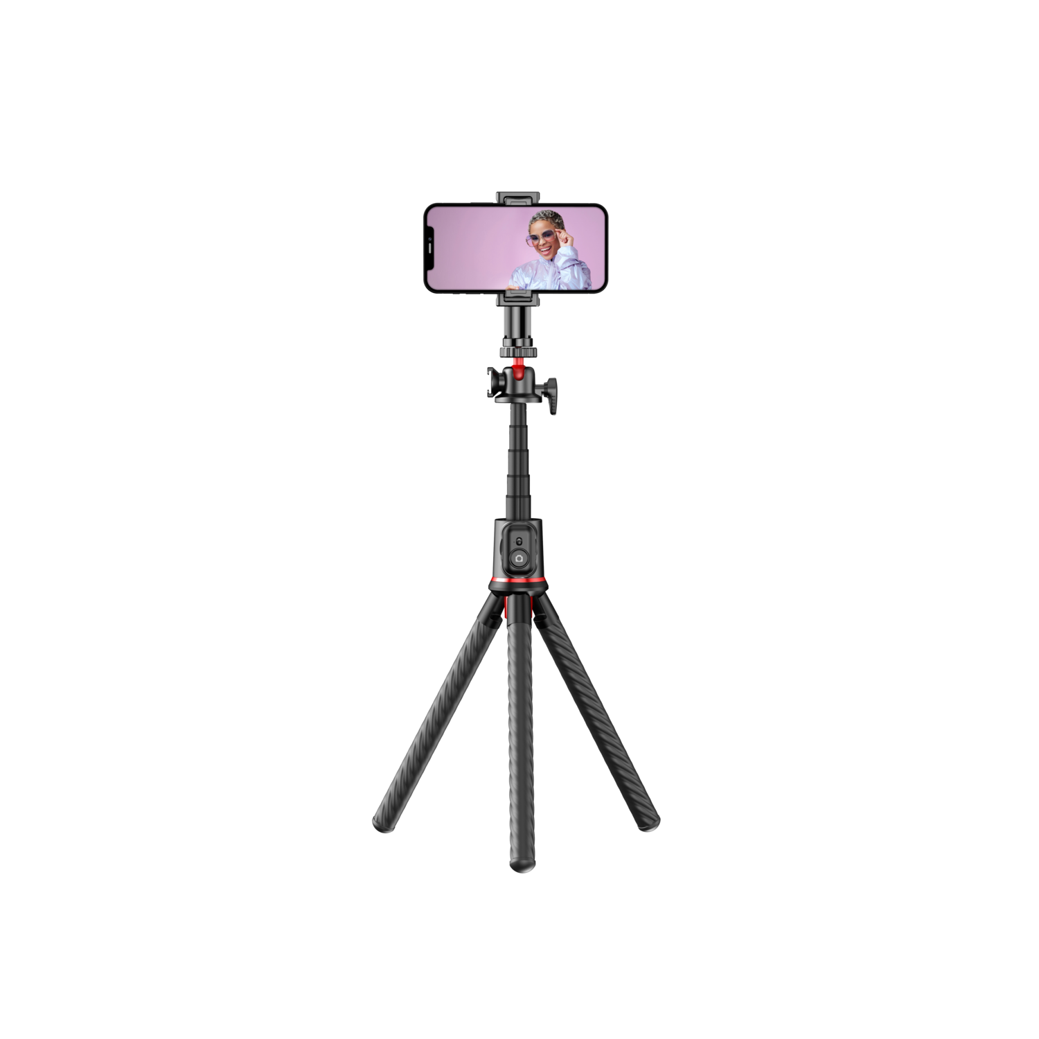 A smartphone is mounted on a tripod, with a woman on the screen, on a black background.