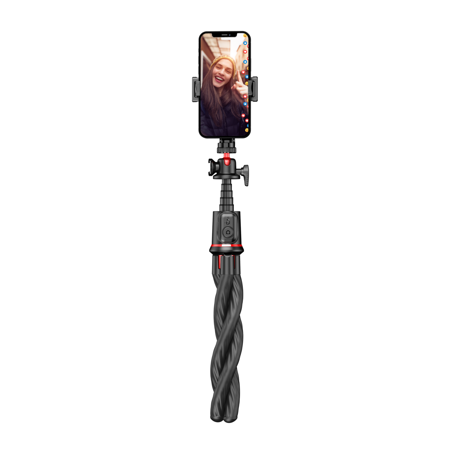 Flexible black tripod with a smartphone on top, against a black background.