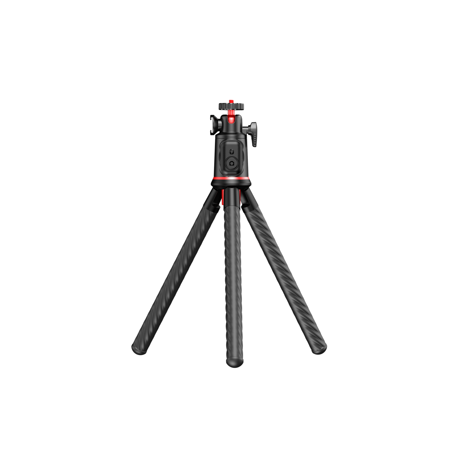 A small, black tripod with three legs and a red accent on a black background.