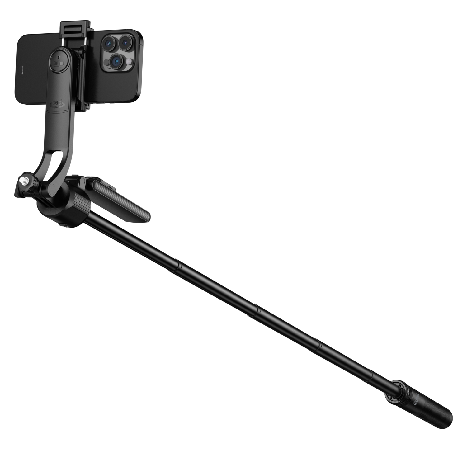 Perche à selfie noire avec un téléphone attaché, étendue, sur fond noir.