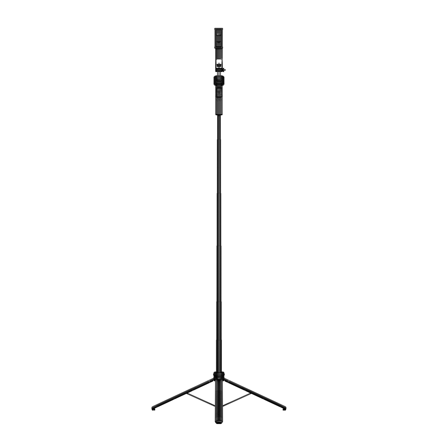 Un trépied noir pour un téléphone ou un appareil photo. Il a trois pieds et un support pour un appareil.