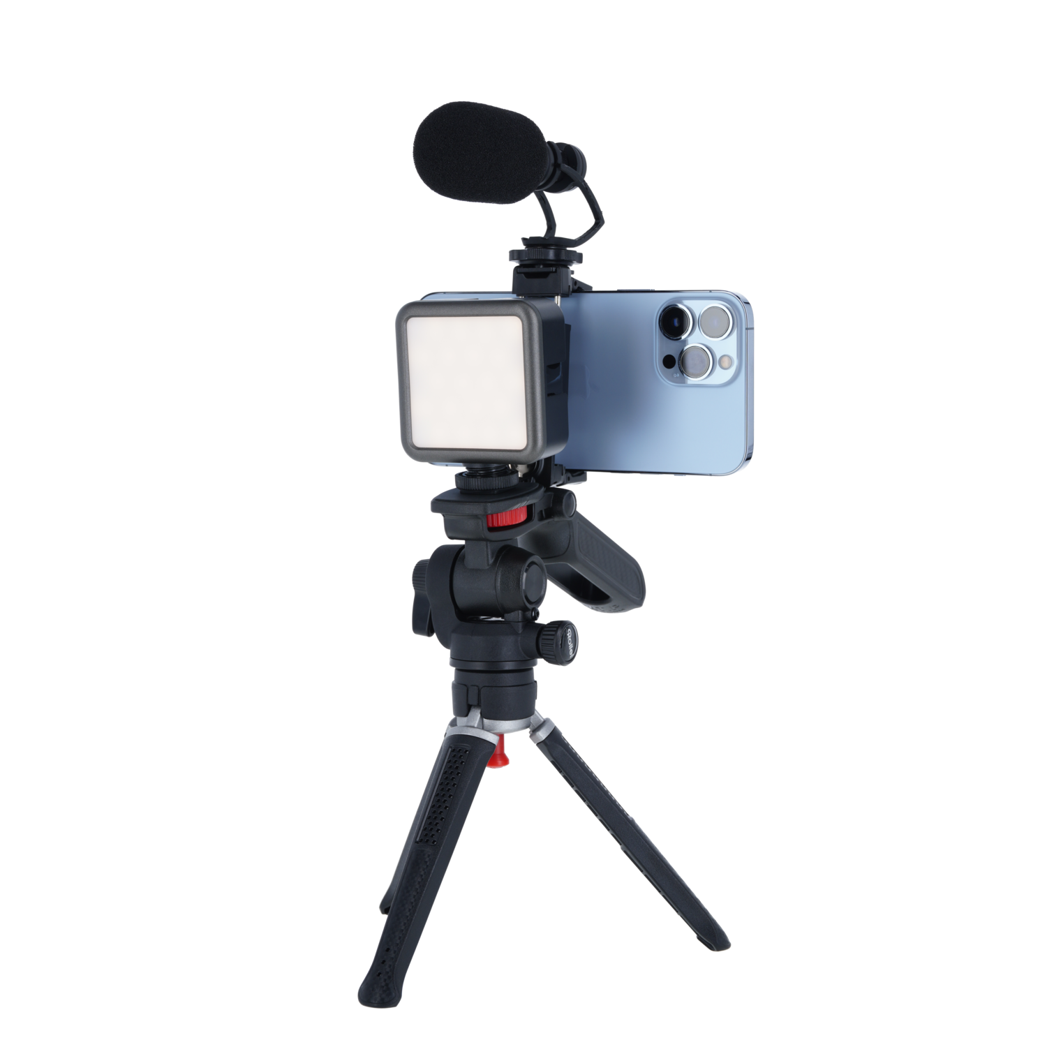 Un smartphone avec un microphone et une lumière est fixé sur un trépied.