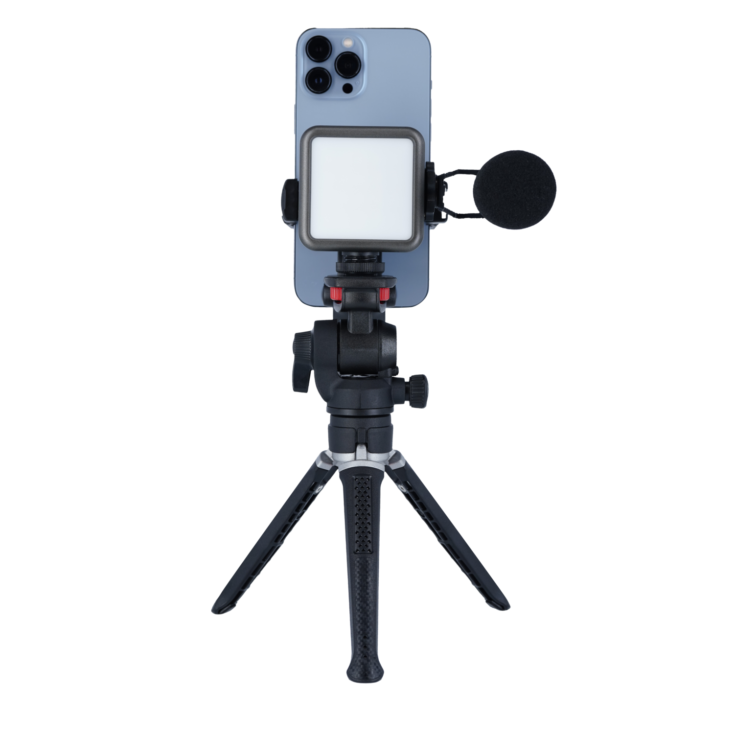 Un smartphone avec une lumière et un microphone sur un trépied, le tout sur fond noir.