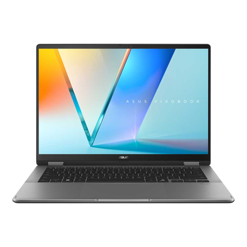 ASUS Vivobook dizüstü bilgisayar. Gümüş gövde, ekranı göstermek için açık. Renkli, geometrik ekran deseni.