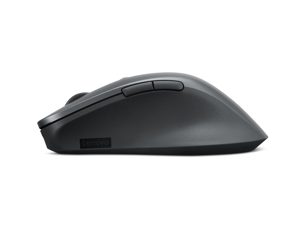 Eine graue Lenovo-Maus mit zwei Tasten und einem Scrollrad.
