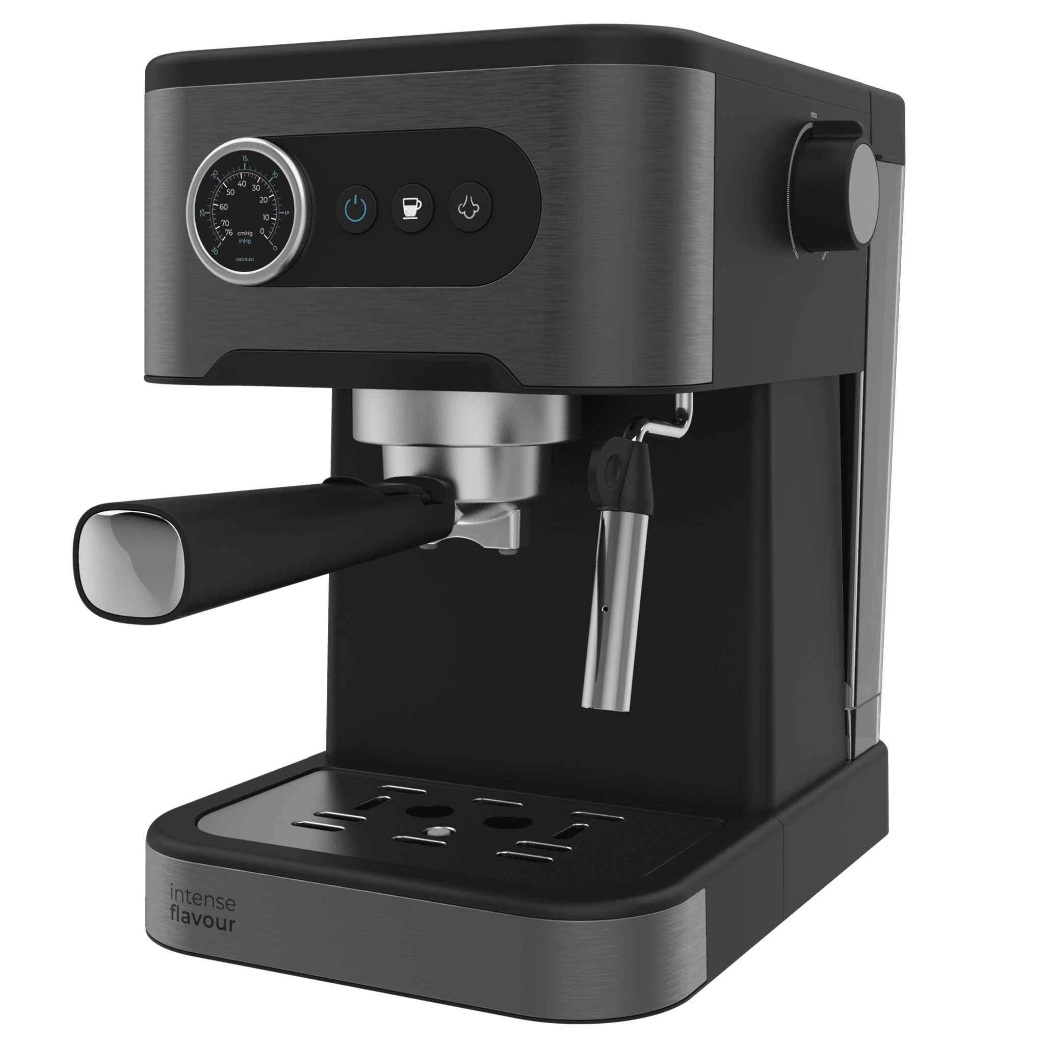 Una máquina de espresso sobre una superficie negra. Es principalmente negra y plateada.