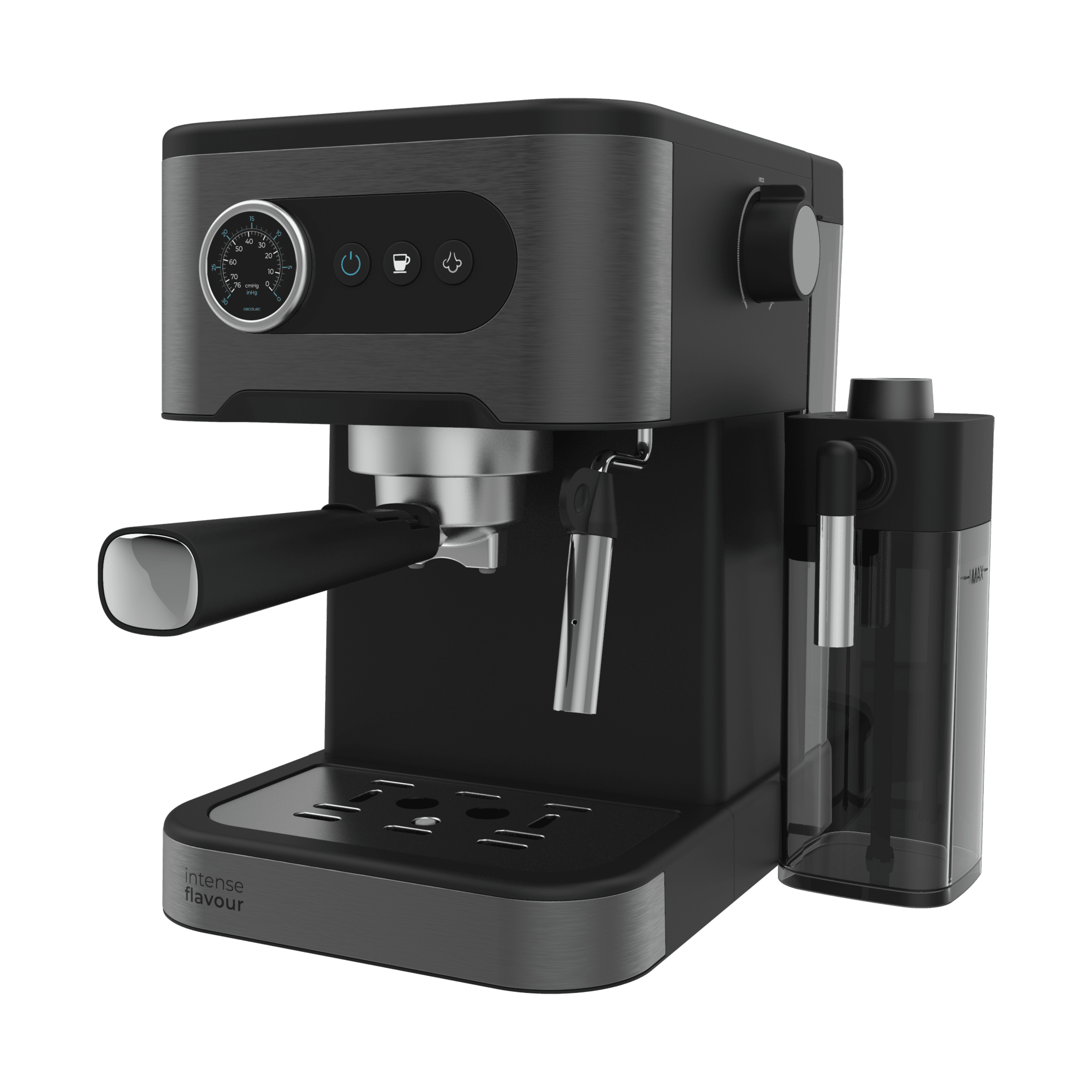 Una máquina de espresso negra y plateada. Cuenta con un indicador, botones y un depósito de agua.
