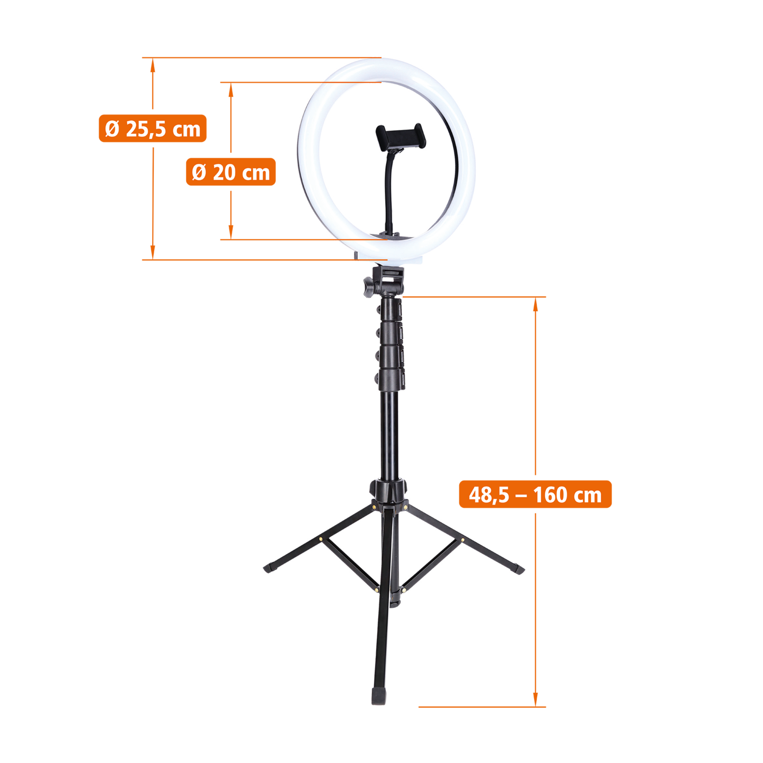 Ringlicht op een statief, met afmetingen. Zwart statief en wit licht.