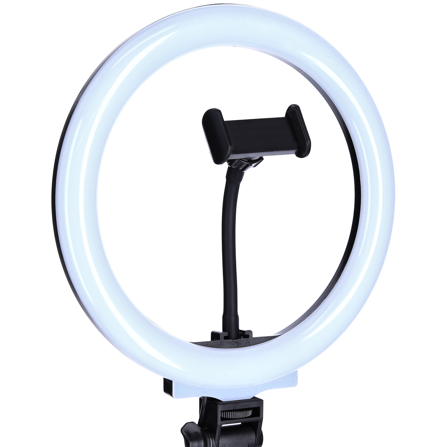 Ringlicht met telefoonhouder, zwart, op een witte achtergrond.
