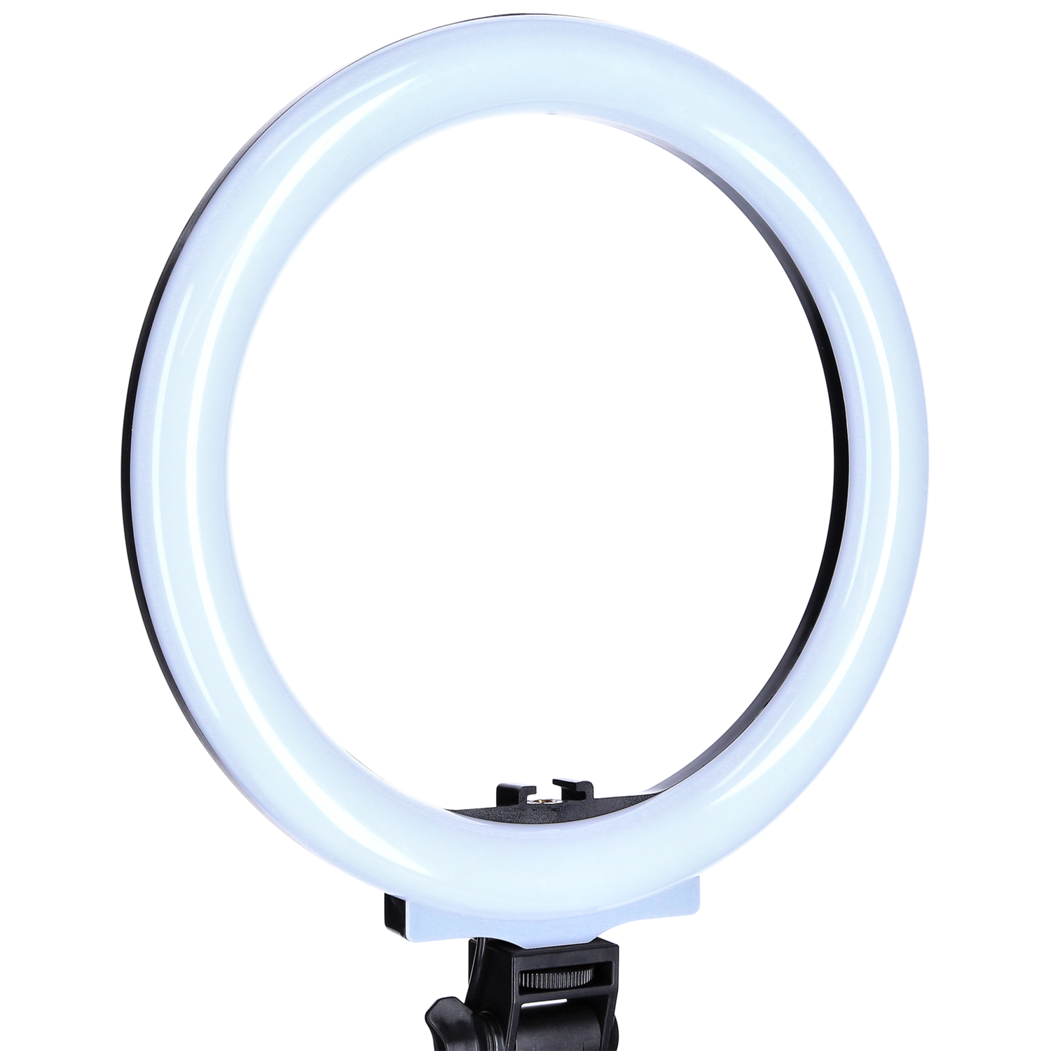 Een helder, wit, cirkelvormig ringlicht met een zwarte basis.