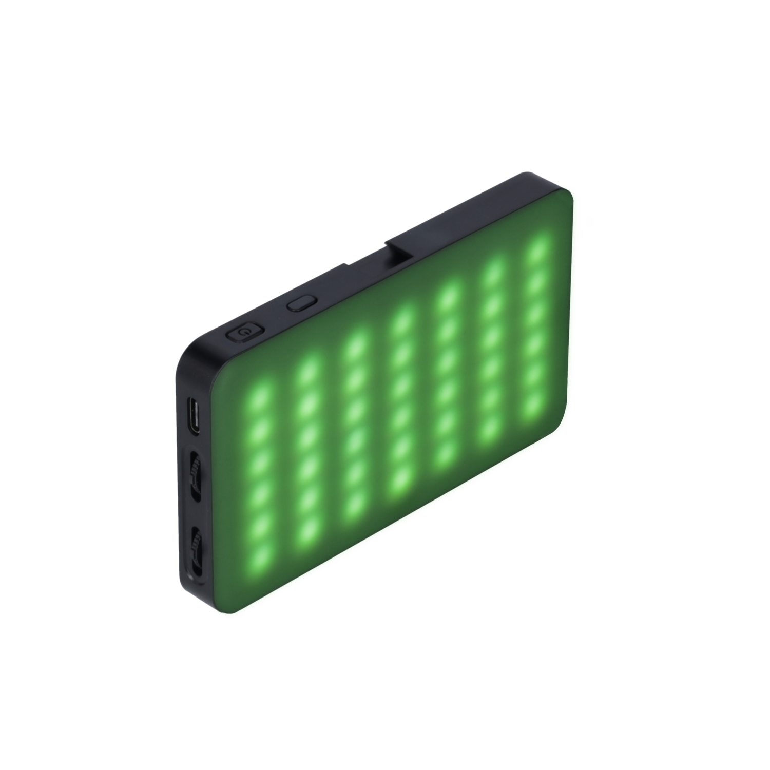 Een zwart rechthoekig LED-lichtpaneel met groene lichten. Het heeft knoppen en poorten aan de zijkant.