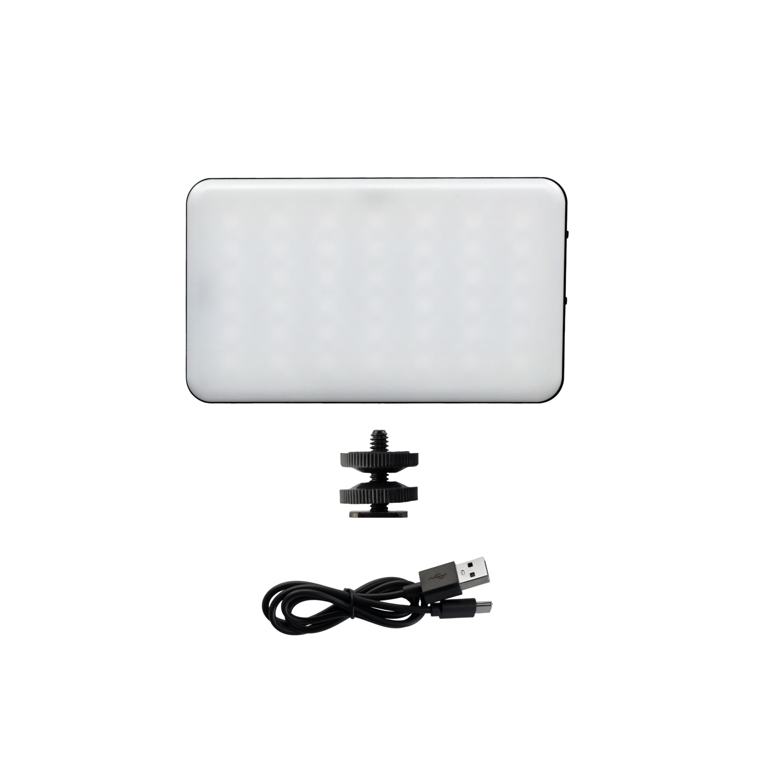 Wit rechthoekig LED-lichtpaneel. Accessoires zoals een houder en USB-kabel zijn ook zichtbaar.