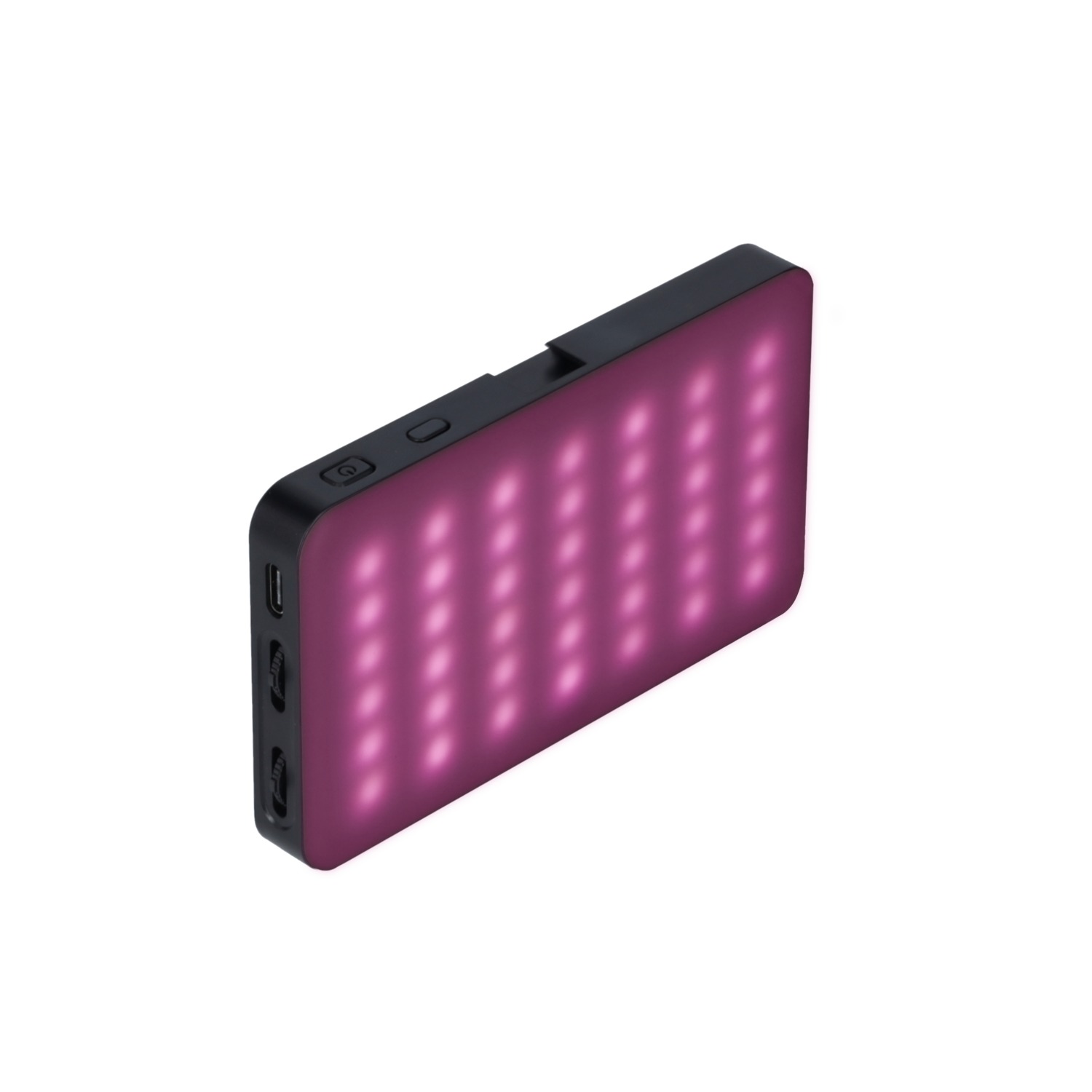Een rechthoekig licht met roze lichten op een zwarte achtergrond, met knoppen aan de zijkant.