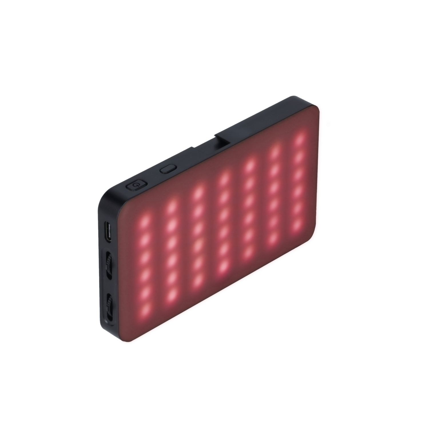 Zwart rechthoekig lichtpaneel met rode lichten. Zwarte achtergrond. Schuine weergave.