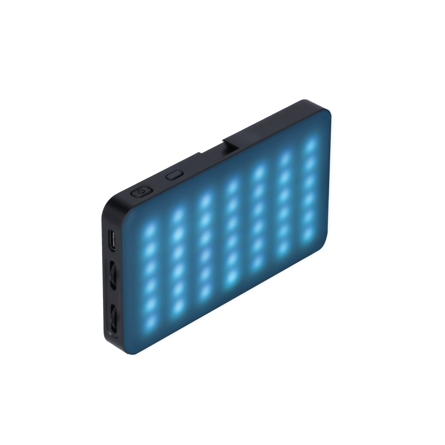 Zwarte LED-lamp met blauwe lichten, naar boven gericht.