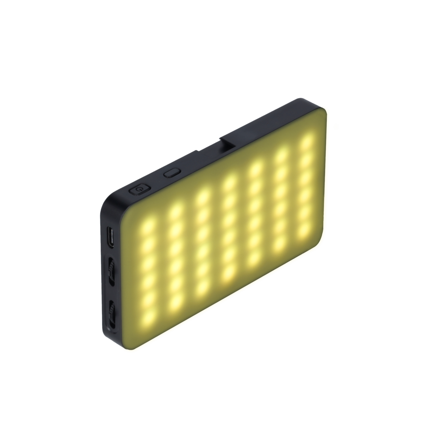 Zwarte rechthoekige LED-lamp met veel gele lichten op een zwarte achtergrond.