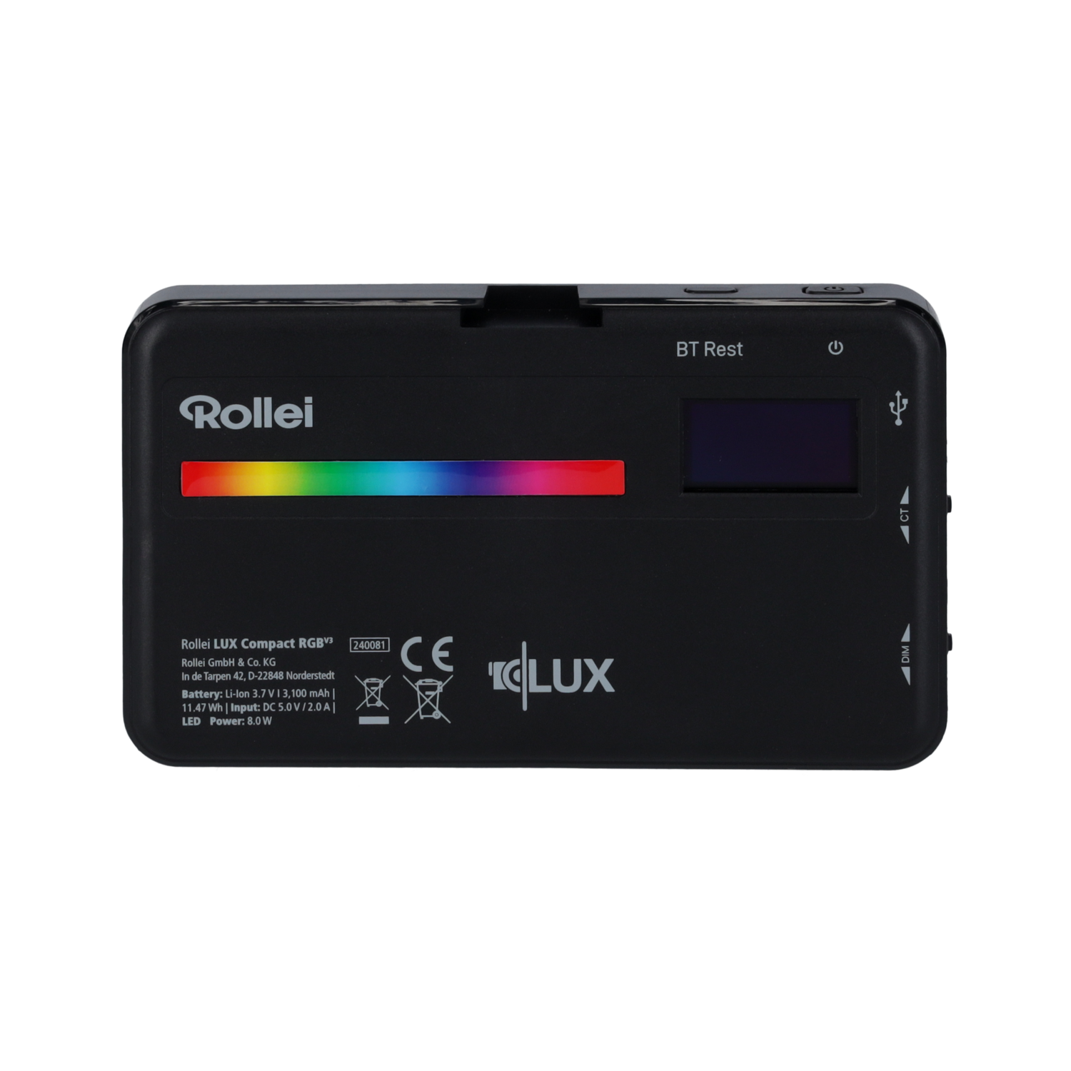Een zwarte Rollei LUX Compact RGB LED-lamp, met een kleurenbar en een klein scherm.