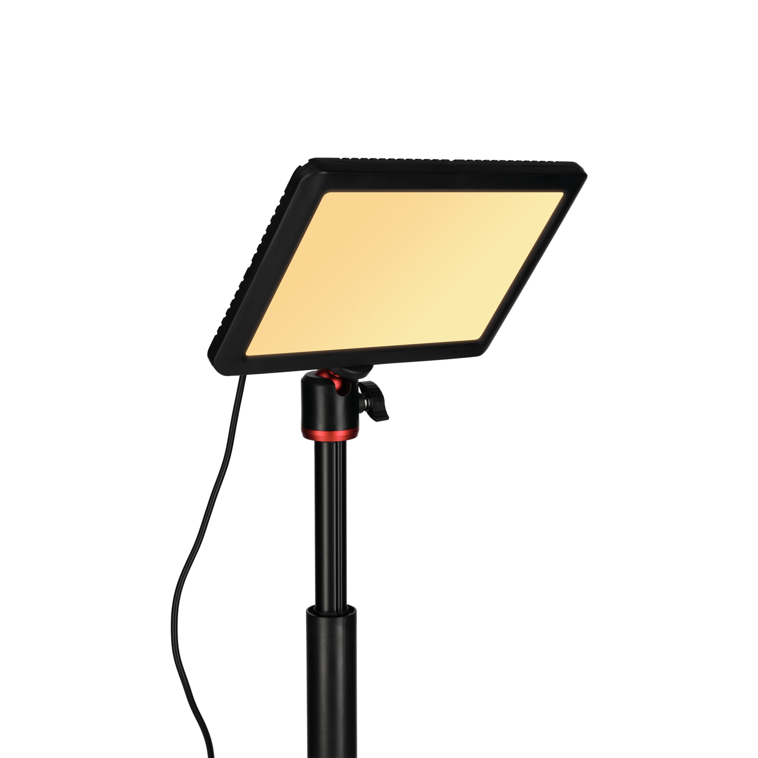 Rectangular LED panel light on a stand, emitting a warm, soft light.