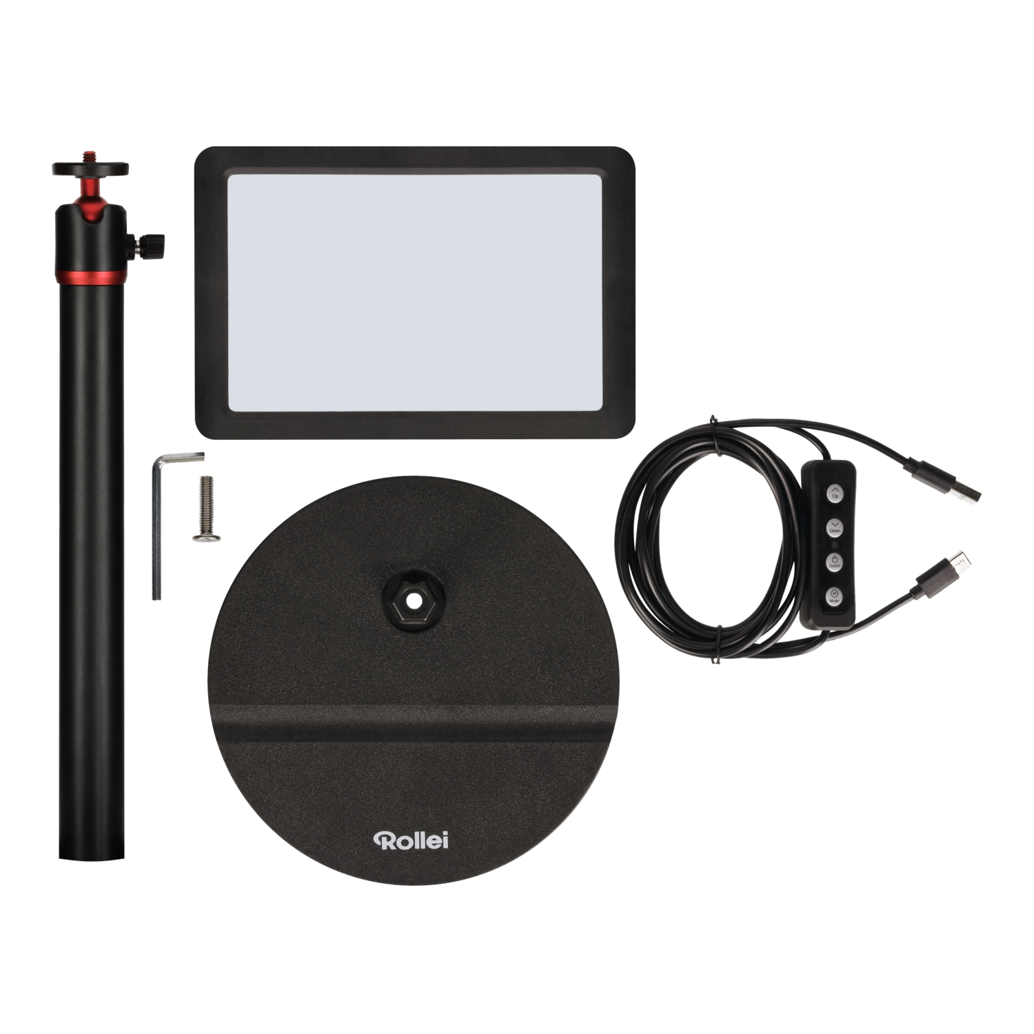 Studio lighting equipment: a light, stand, and base.
