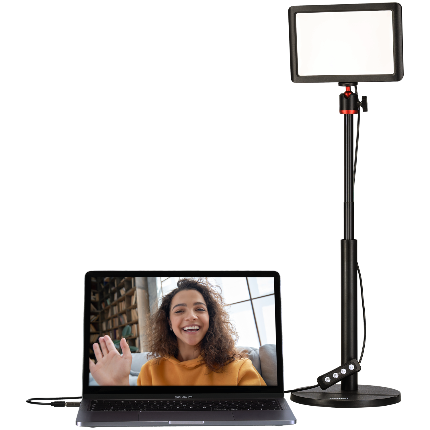 A woman on a laptop, with a light stand.