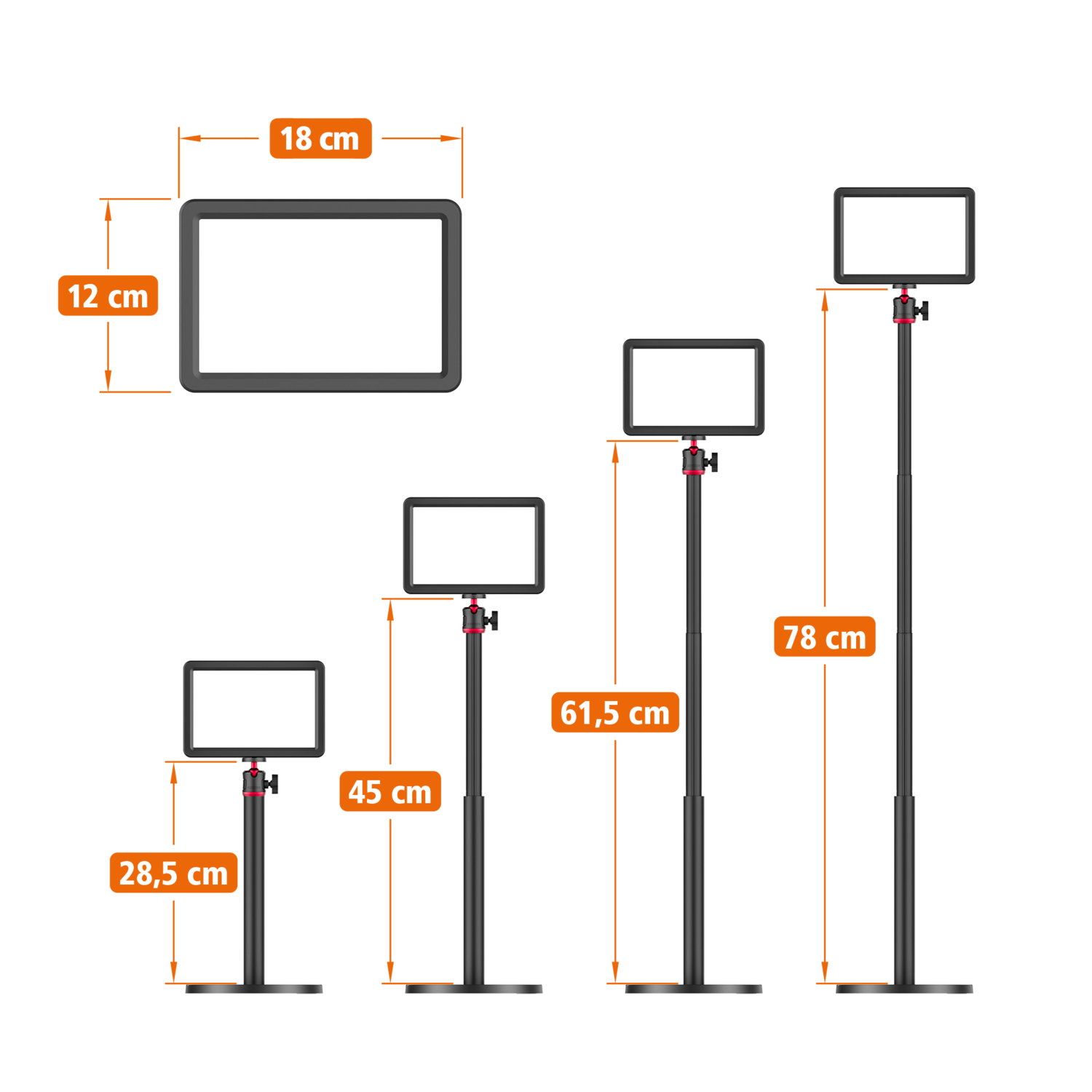 Diagram showing monitor stands at varying heights with dimensions.