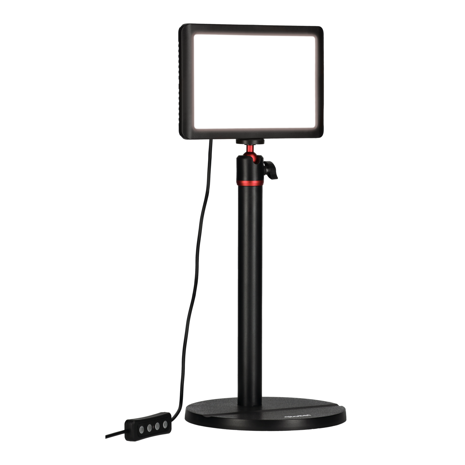 A black LED light on a stand. It has a red joint and a control panel with buttons. Black background.