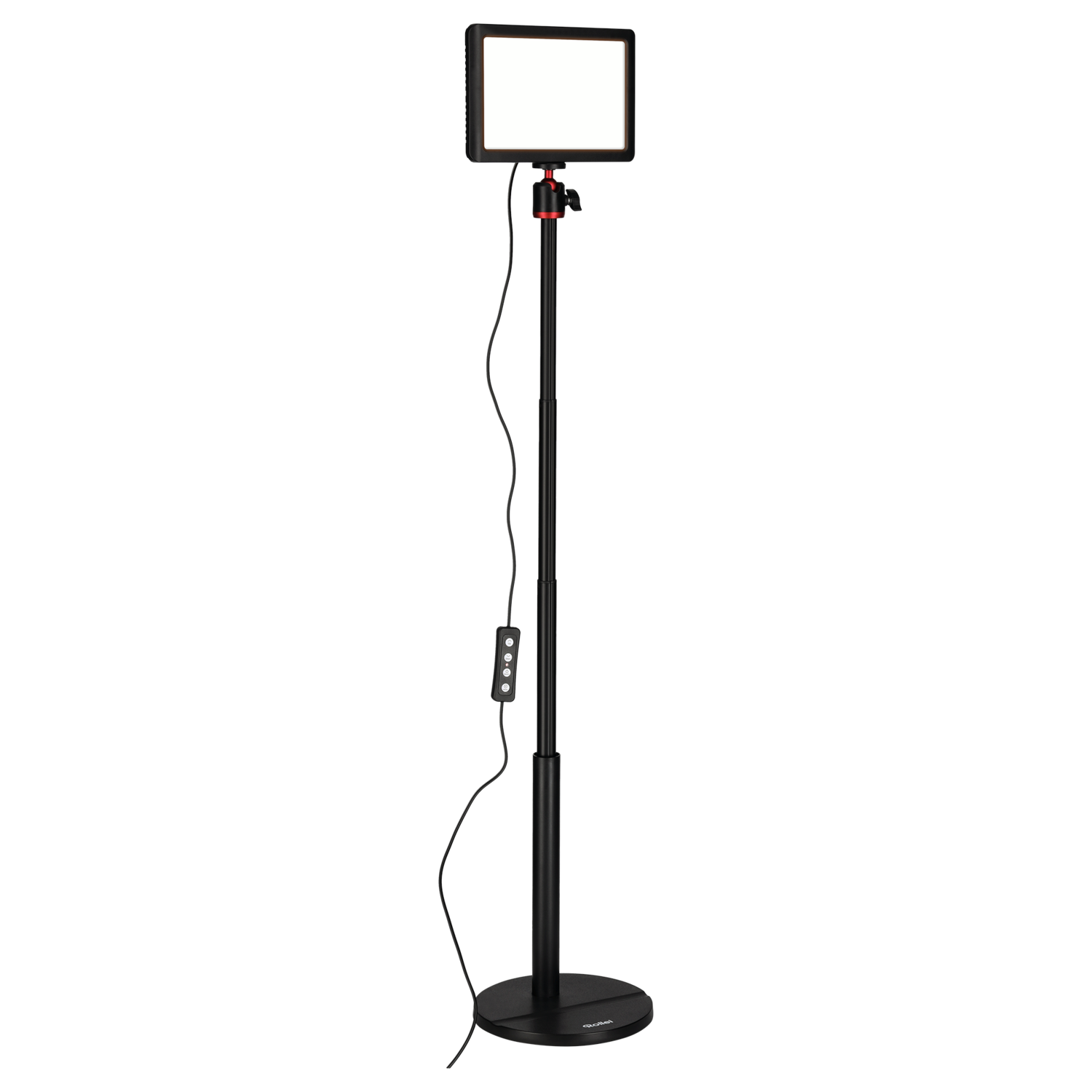 Tall black studio light on stand. White light, black stand, black background.