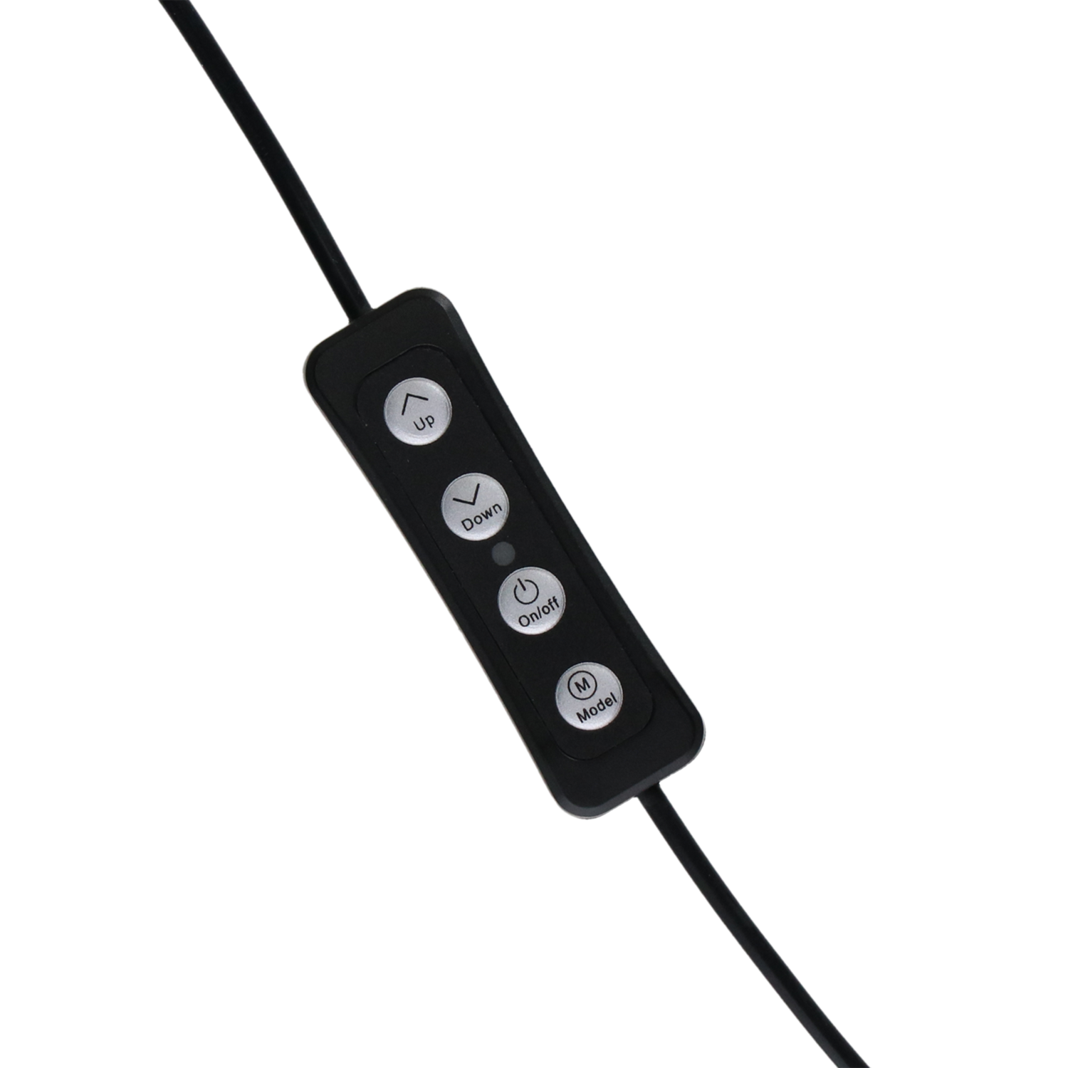 A black control module with power, up, down, on/off, and model buttons.