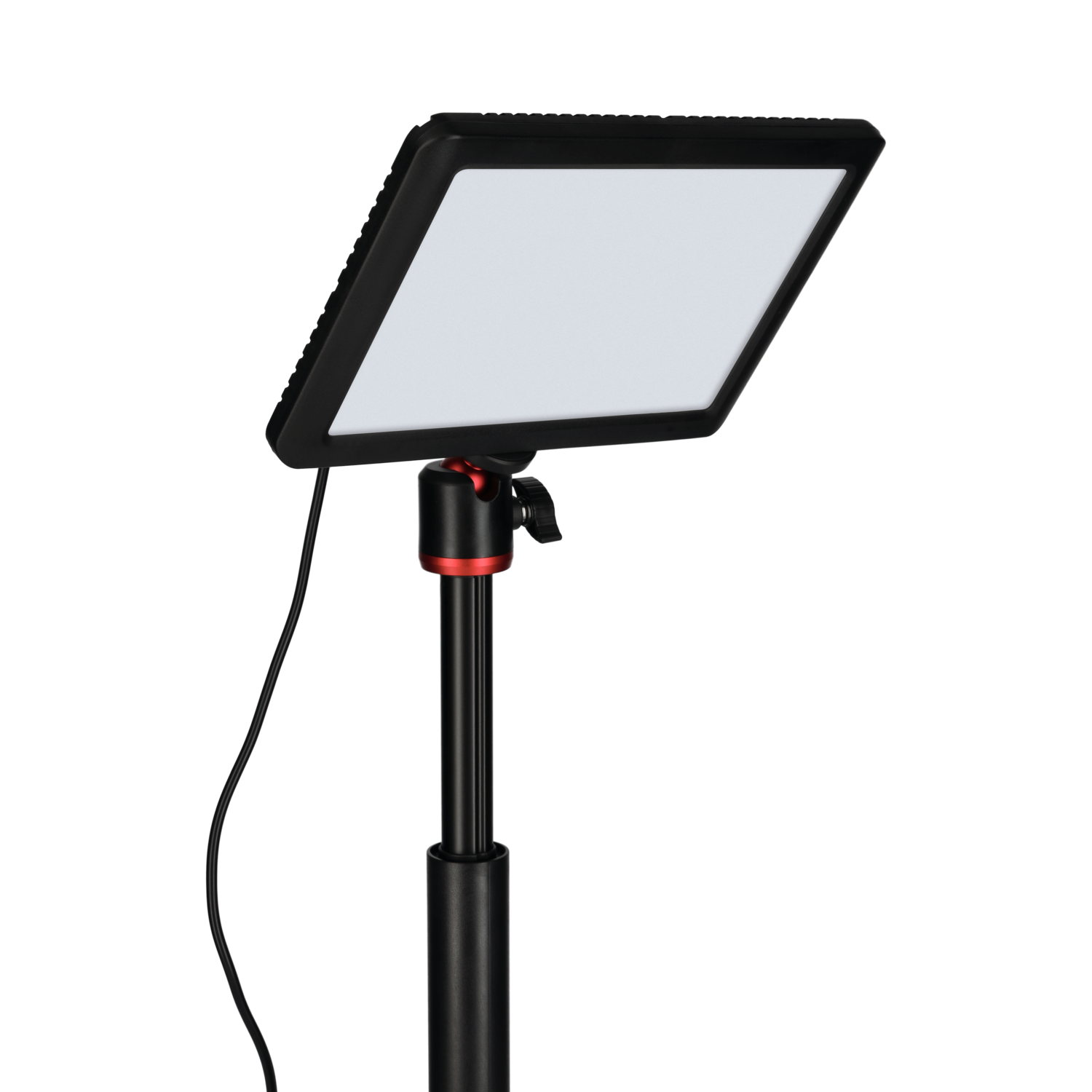 White LED panel light on a black stand. The light is rectangular and has a red adjustment knob.