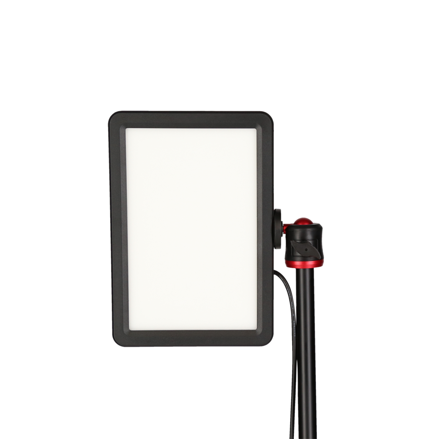 LED light panel on stand, black frame, white light, on black background.