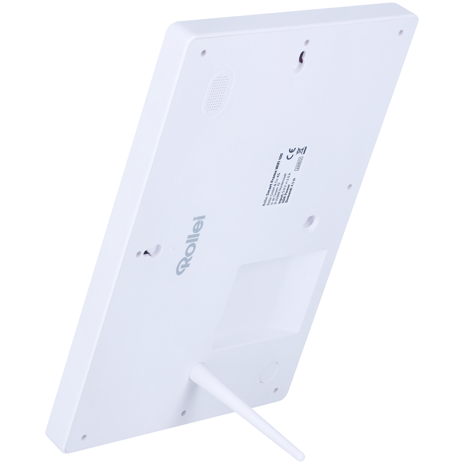 Cadre photo intelligent WiFi Rollei blanc, incliné. Vue arrière montrant le support, le haut-parleur et les infos sur fond noir.