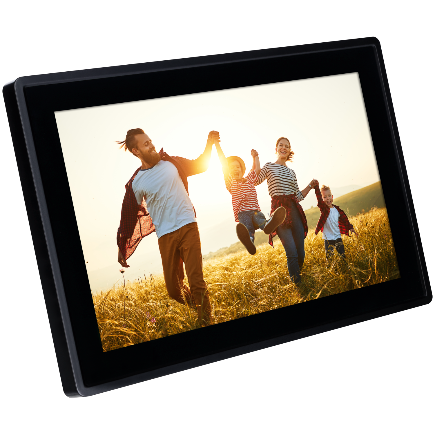 Digitale fotolijst met een foto van een gezin dat bij zonsondergang in een veld rent.