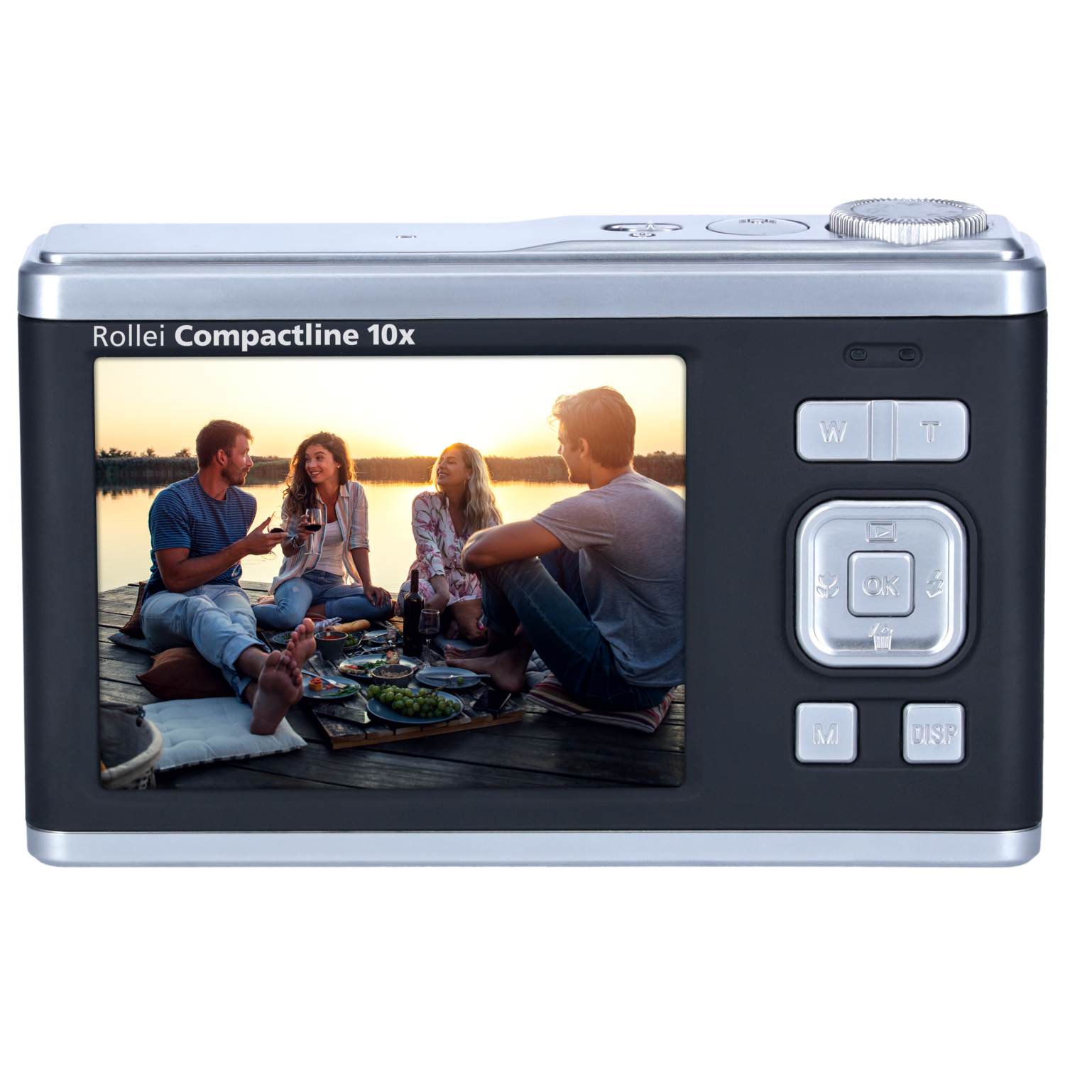A Rollei camera displays a photo of people at sunset on a pier, with the camera's controls visible.
