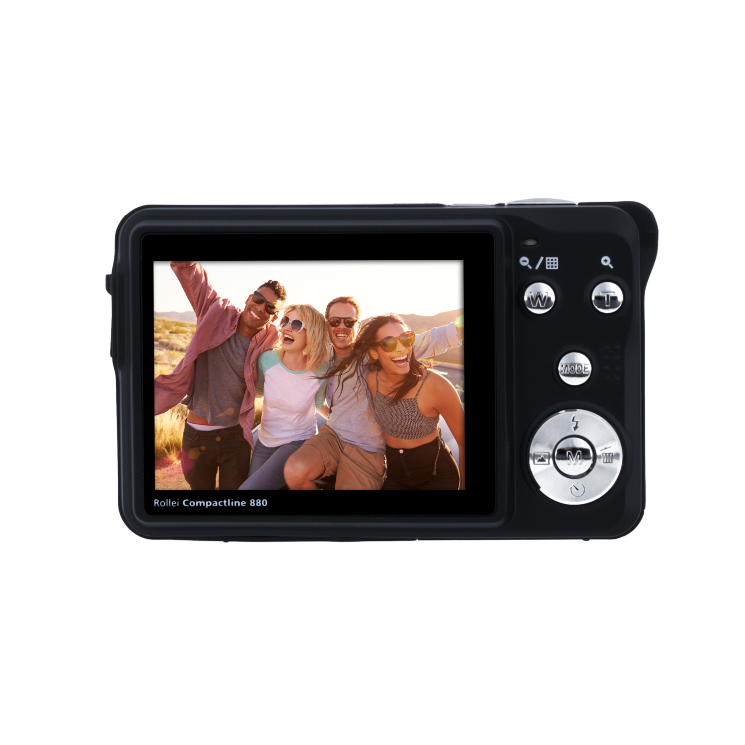 Camera displays a photo of four people smiling and posing.