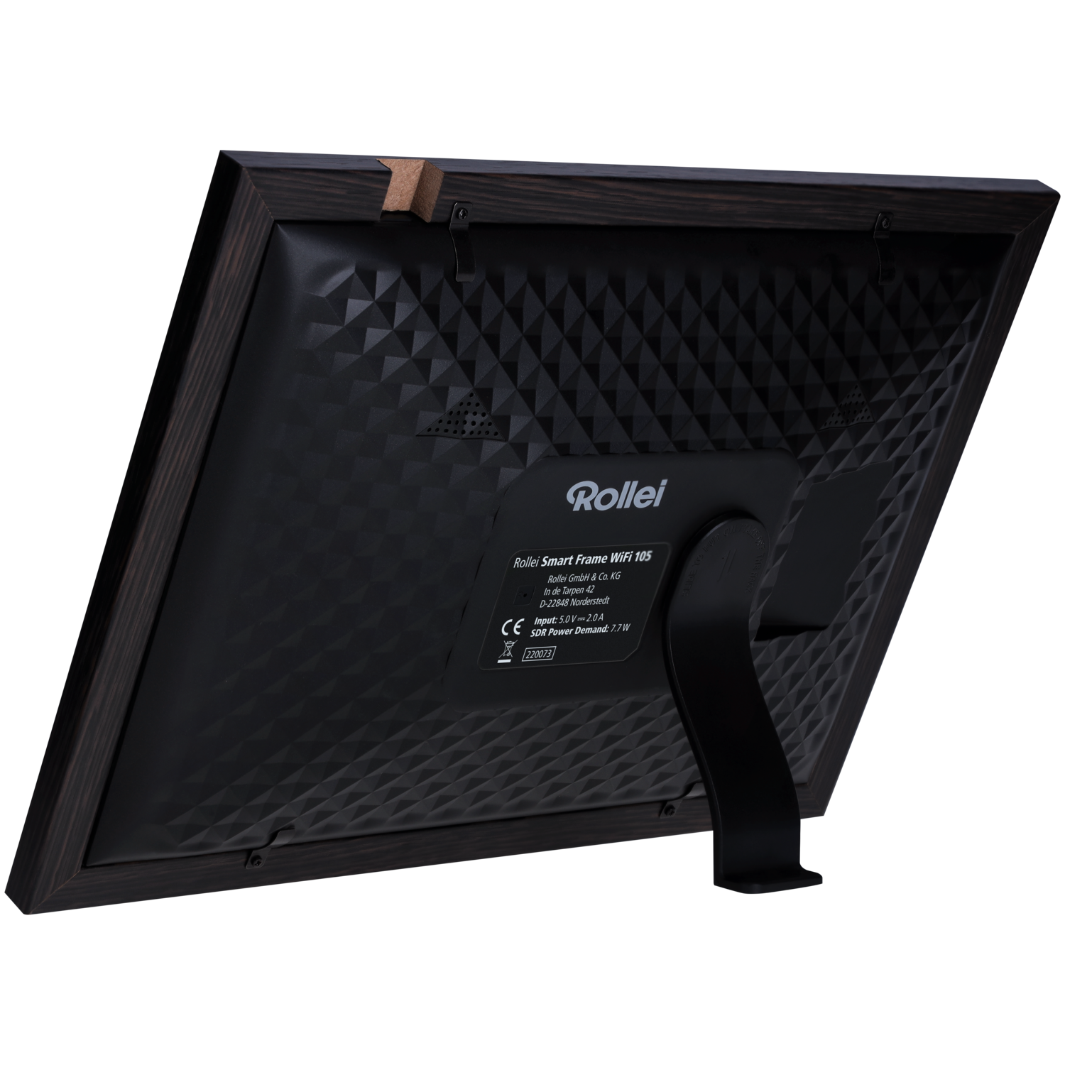 Back view of a digital photo frame. Dark wooden frame and a stand.