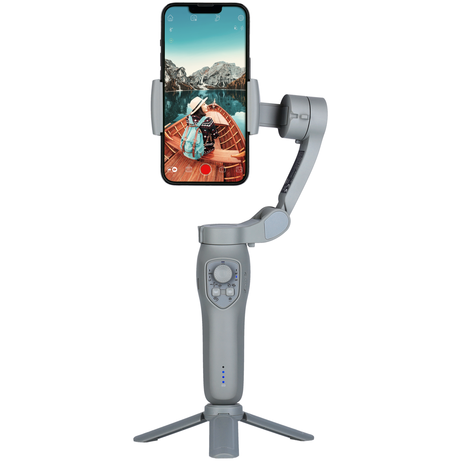 Gray gimbal holding phone, displaying a boat scene, on tripod base, black background.