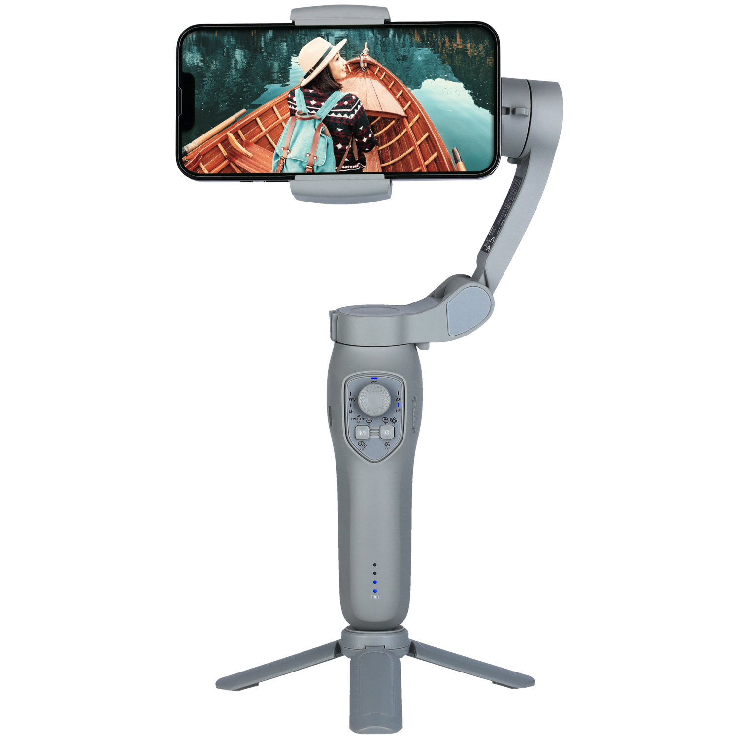 A gray phone stabilizer with a phone displaying a boat scene. The stabilizer has a tripod base and controls.