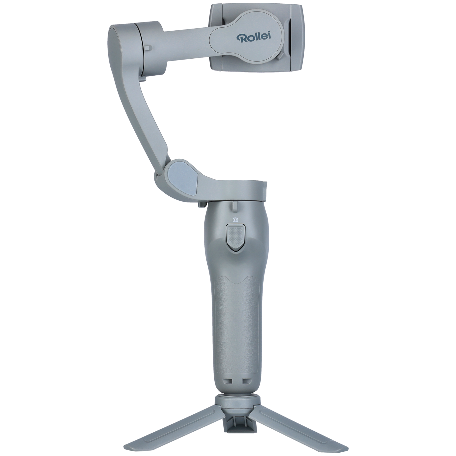 A gray handheld gimbal stabilizer with a tripod base, designed for smartphones.