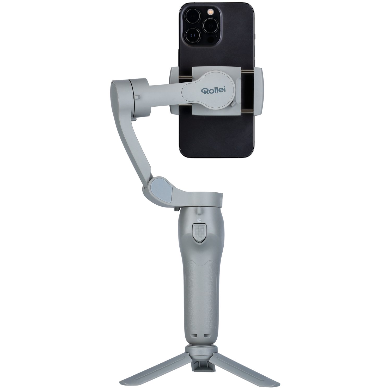 A gray smartphone stabilizer with a phone mounted on it, on a black background.