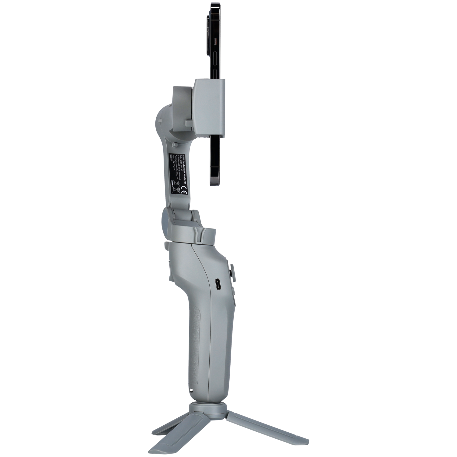 Grey gimbal stabilizer with a phone attached. Black background.