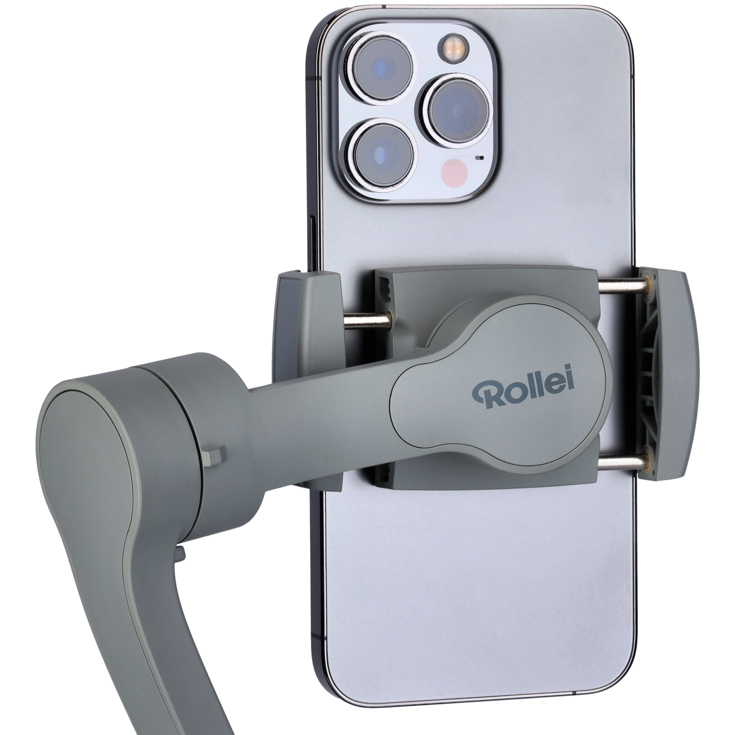 Grey phone in a grey Rollei gimbal. The phone is mounted to the gimbal. Black background.