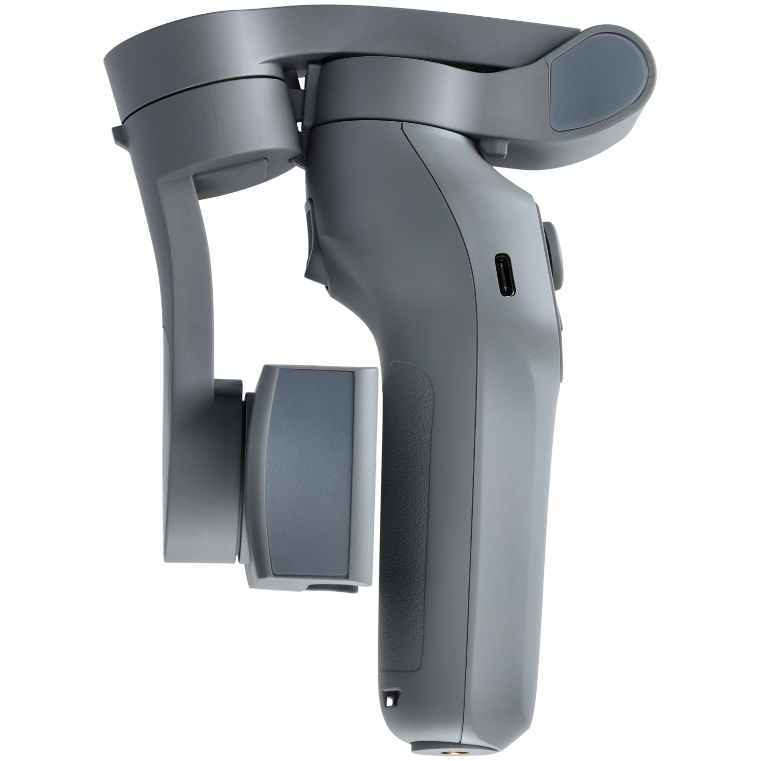 A gray handheld gimbal. The gimbal is on a black background.