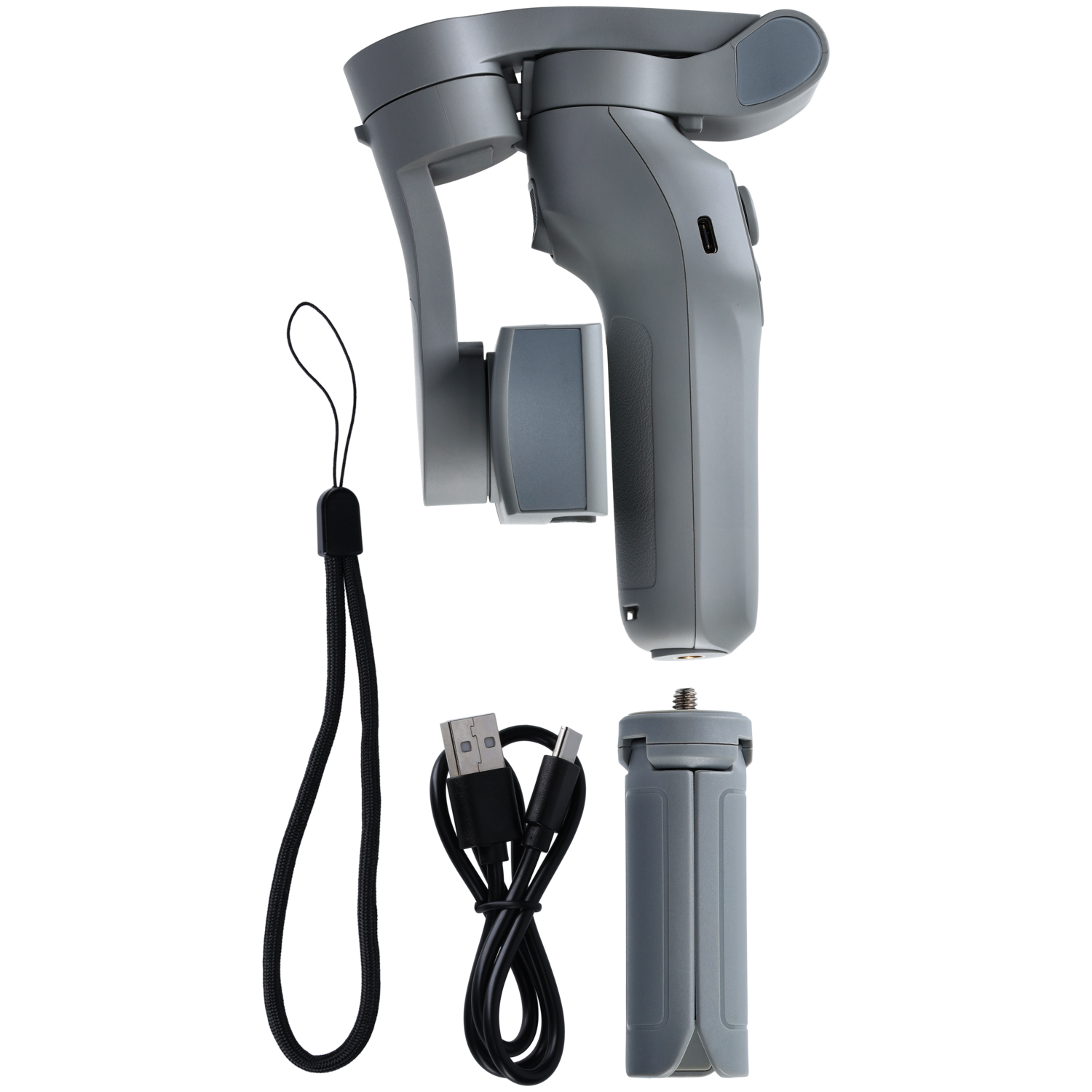 Gray gimbal stabilizer with accessories: wrist strap, USB cable, and a tripod, on black.