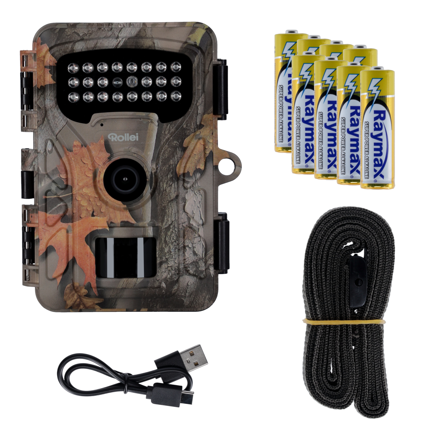 Camouflage trail camera with batteries, a strap, and a USB cable. All on a black background.
