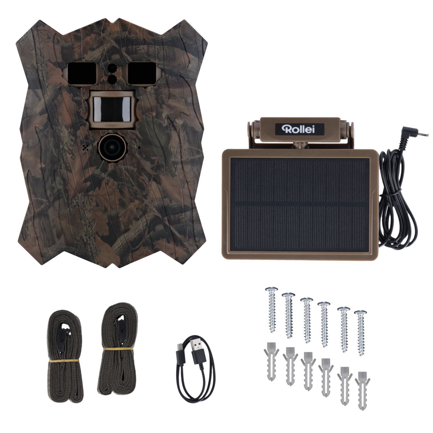 A camouflage camera with a solar panel, screws, and straps.