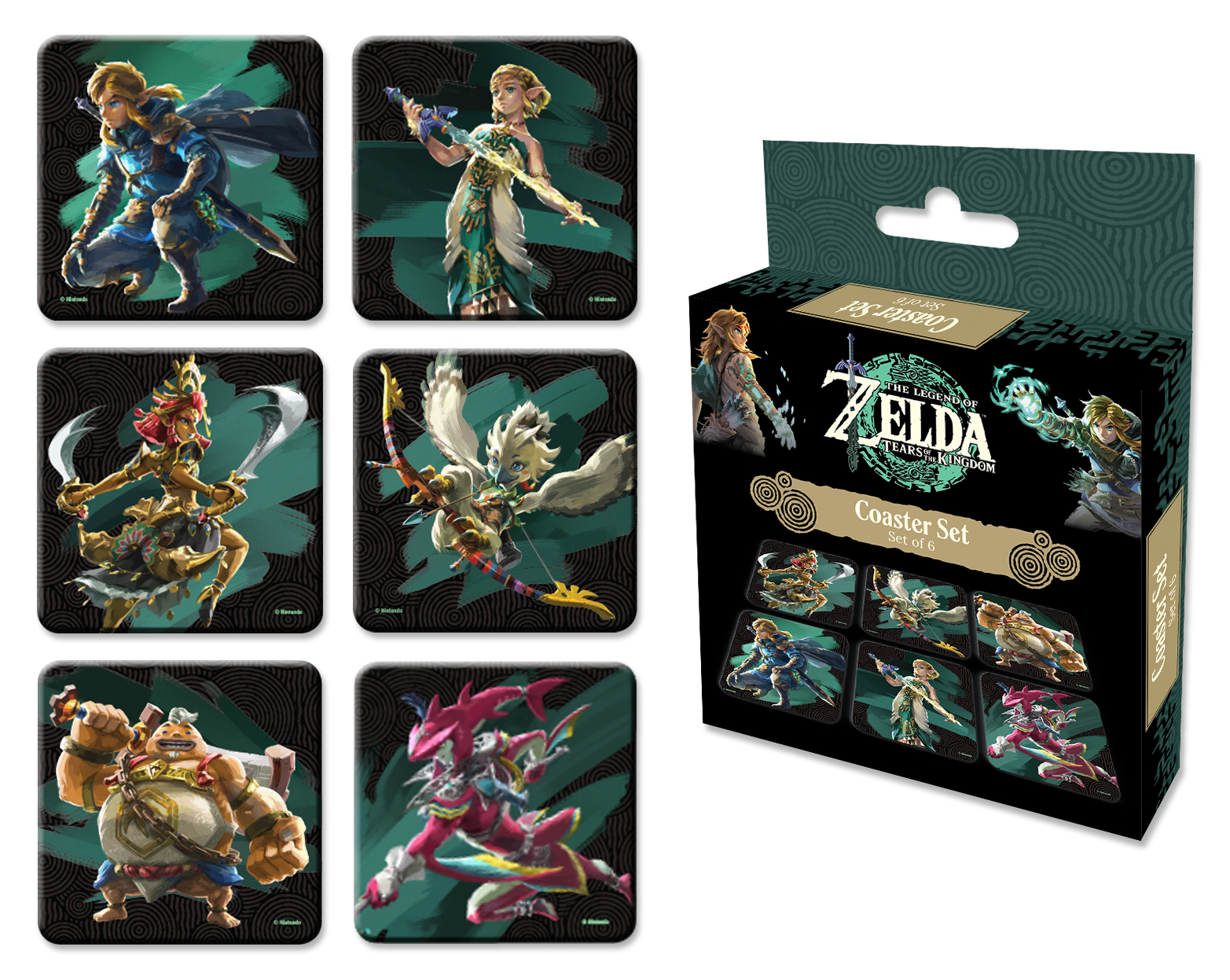 Untersetzer-Set: Sechs Untersetzer mit Zelda-Charakteren. Box zeigt Untersetzer und einen grünen Hintergrund.